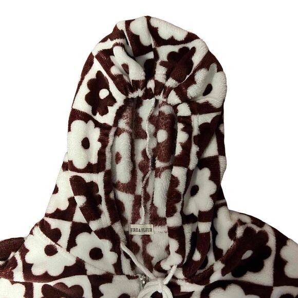 Geometric flowers super soft fleece 1/4 zip hoodie with kangaroo pocket brown an - Picture 6 of 12